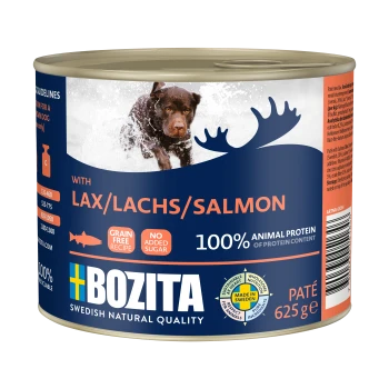 Karma w puszce dla psa oznaczona 'Bozita' z łososiem, z pływającym psem na froncie, 625g, bez zbóż, bez dodatku cukru, 100% białka zwierzęcego.