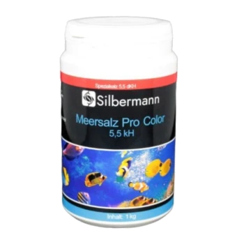 Behälter von Silbermann Meersalz Pro Color, 1 kg, mit bunten Fischen auf dem Etikett und einer speziellen Härte von 5,5 dKH.