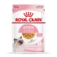 Pochette de nourriture pour chatons Royal Canin, 85g, avec des morceaux en gelée, adaptée aux chatons jusqu'à 12 mois, avec une image de chat et une étiquette 'Sans conservateurs'.