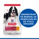 Hondenvoerzak met een zwart-witte hond, gelabeld 'Hill's Science Plan', met tekst die ondersteuning voor energie en vitale organen benadrukt.