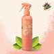 Pet Head Quick Fix Sprühflasche mit einem pfirsichfarbenen Etikett, mit Symbolen für Kokosnuss- und Arganöl und grünen Blättern im Hintergrund.