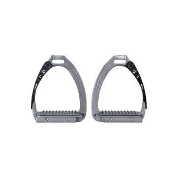 Paar Metallsteigbügel mit strukturierten Fußrasten, mit einem eleganten Design und schwarzen Akzenten, geeignet für den Reitsport.