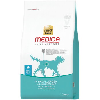 Tüte Select Gold Medica Veterinary Diet hypoallergenes Katzenfutter (Insektenprotein), türkisfarbene Katzensilhouette, 10 kg.