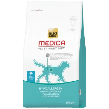 Worek karmy dla kotów Select Gold Medica Veterinary Diet hypoallergenic (białko owadów), turkusowa sylwetka kota, 10 kg