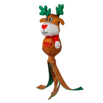 Brown reindeer dog toy with green antlers, red scarf, and "KONG WUBBA" text on body.