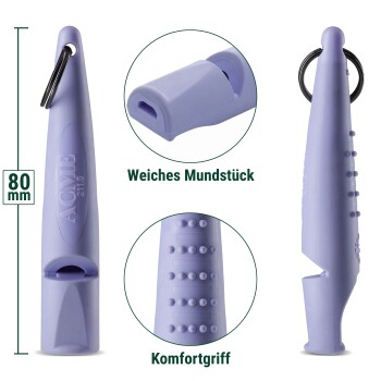 Lila ACME 211,5 Hundepfeife mit Schlüsselring, 80 mm lang, weiches Mundstück und Komfortgriff.