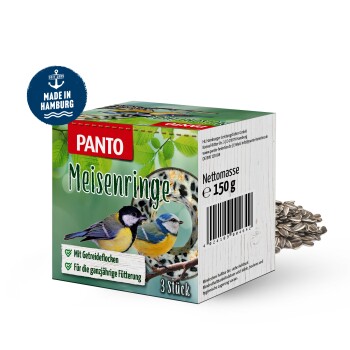 Verpackung von PANTO Meisenringe Vogelfutter mit einer Kohlmeise und einer Blaumeise auf grünem Hintergrund, beschriftet mit "3 Stück" und "Netto masse 150 g."