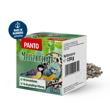 Verpackung von PANTO Meisenringe Vogelfutter mit einer Kohlmeise und einer Blaumeise auf grünem Hintergrund, beschriftet mit "3 Stück" und "Netto masse 150 g."