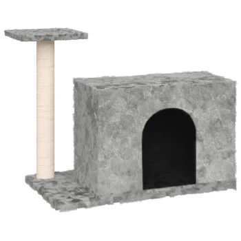Kratzbaum grau Grauer Katzenbaum mit einem Kratzbaum, einem gemütlichen Versteck mit einem gewölbten Eingang und einer flachen Oberseite zum Entspannen.