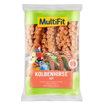 Ein Paket MultiFit Rote Fuchsschwanzhirse für Vögel, mit bunten Vögeln auf der Vorderseite und dem Text "KOLBENHIRSE ROT" deutlich angezeigt.