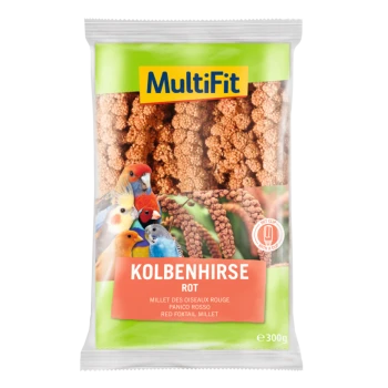 Un paquet de millet Red Foxtail MultiFit pour oiseaux, avec des oiseaux colorés sur le devant et le texte "KOLBENHIRSE ROT" affiché en évidence.