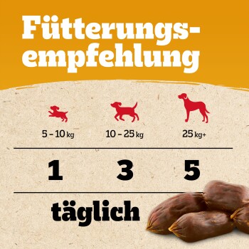 Fütterungsempfehlung: 5–10 kg = 1, 10–25 kg = 3, über 25 kg = 5; täglich. Hundesymbole und braune Fleisch-Leckerlis.
