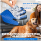 Blaue Haustierpflegehandschuh, bedeckt mit Tierhaaren, mit dem Text 'DER ULTIMATIVE HAARENTFERNER FÜR IHR HAUSTIER' und 'SEHR LEICHT ZU REINIGEN.'