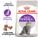 Royal Canin Sensible Katzenfutterbeutel mit einer grauen Katzenillustration und Text zu "Gesunde Ernährung," "Optimale Verdauung," und "Angepasste Krokettengröße."