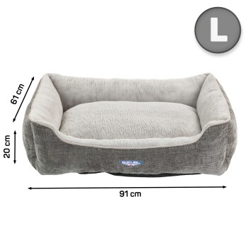 Großes Haustierbett in Grau und Beige, mit den Maßen 91 cm x 61 cm x 20 cm, mit plüschigem Stoff und einem erhöhten Rand für Komfort.