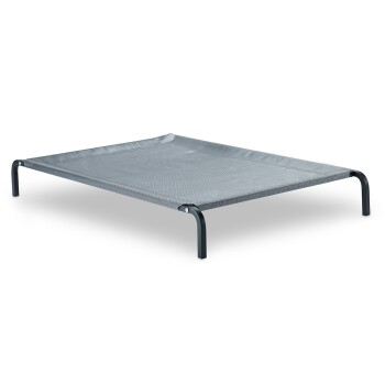 Graues erhöhtes Haustierbett mit einem stabilen schwarzen Metallrahmen, entworfen für Komfort und Unterstützung.