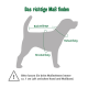 Hundesilhouette mit beschrifteten Maßen: Rückenlänge, Halsumfang, Brustumfang. 1 cm Abstand vom Maßband lassen.