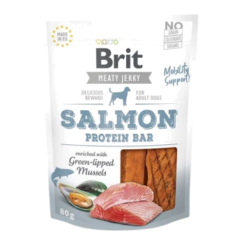 Brit Meaty Jerky Salmon Protein Bar dla dorosłych psów, wzbogacony o małże zielonowargowe, opakowanie 80g, bez zbóż, barwników ani cukrów.