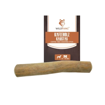 Kaffeebaum-Kaustick für Hunde, beschriftet mit "Kaffeholz Kaustab", geeignet für mittelgroße Hunde (15-25 kg).