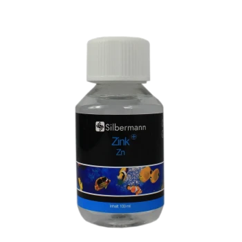 Flasche mit Silbermann Zink (Zn) Ergänzung für Aquarien, 100 ml, mit bunten Fischgrafiken auf einem blauen Hintergrund.