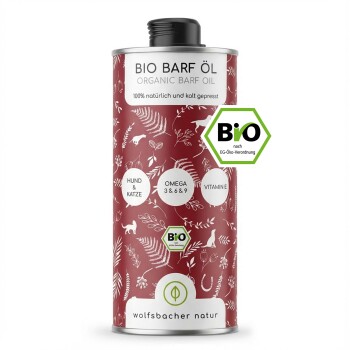 Flasche BIO Barf Öl, 1 Liter, gekennzeichnet mit 'OMEGA 3-6-9' mit natürlichem Vitamin E, geeignet für alle Hunde und Katzen, präsentiert mit einer Pappschachtel.