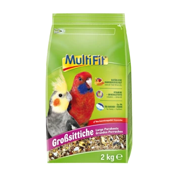 Sac de 2 kg de nourriture pour oiseaux MultiFil pour grands perruches, mettant en vedette un cockatiel gris et une perruche rouge, soulignant les ingrédients et nutriments naturels.