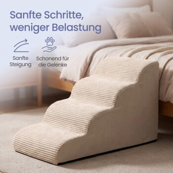 Beige gerippte Haustiertreppen am Bett; sichtbarer Text: ‚Sanfte Schritte, weniger Belastung‘; ‚Sanfte Steigung‘; ‚Schonend für die Gelenke‘.