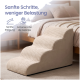 Beige gerippte Haustiertreppen am Bett; sichtbarer Text: ‚Sanfte Schritte, weniger Belastung‘; ‚Sanfte Steigung‘; ‚Schonend für die Gelenke‘.