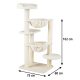 Beige cat tree with two hanging hammocks, top perch and sisal posts; dimensions 75×60×102 cm.