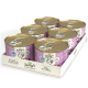 Sechs Dosen Betty's Landhausküche Kittenfutter, beschriftet für Kätzchen im Alter von 1-12 Monaten, mit einem rosa Design und goldenen Deckeln.