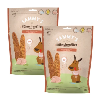 Zwei Pakete von "Sammy's Hühnchenfilet" Hühnerfilet-Hundeleckerlis, mit einem Cartoon-Hund und Text, der 90% Hühnerfleisch hervorhebt.