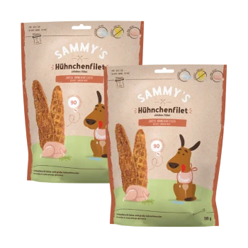 Dwa opakowania przysmaków dla psów "Sammy's Hühnchenfilet" z kurczaka, z rysunkowym psem i tekstem podkreślającym 90% mięsa kurczaka.