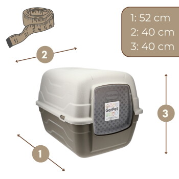 Beige geschlossene Katzentoilette mit vorderer Klappe, beschriftet 'GarPet', angezeigte Maße: 1: 52 cm, 2: 40 cm, 3: 40 cm.