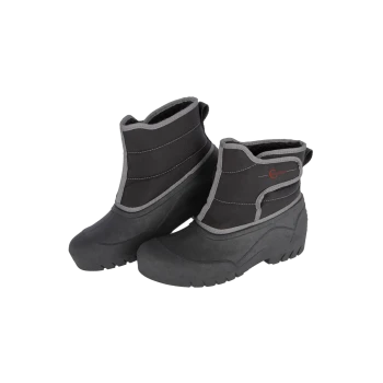 Schwarze wasserdichte Haustierstiefel mit grauen Akzenten, entworfen für den Außeneinsatz, mit einer robusten Gummisohle und einem hohen Knöchel zum Schutz.