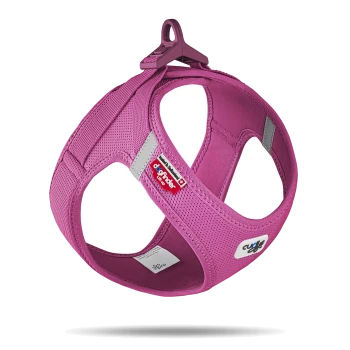 Pink dog harness with breathable mesh fabric, featuring a top clip and logo tags, displayed against a white background.