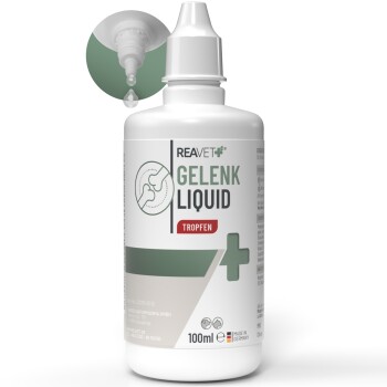Flasche REAVET Gelenk Flüssigkeit, ein Gelenkpräparat für Haustiere, 110ml, mit einem Tropferdeckel und Text, der angibt, dass es MSM enthält.