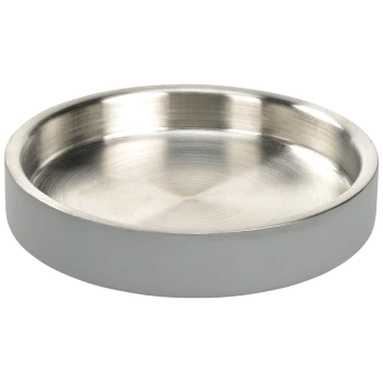 Stainless steel pet food bowl with a smooth, shiny interior and a matte exterior, designed for durability and easy cleaning.