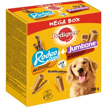 Eine bunte Box mit Pedigree Hundeleckerlis mit Rodeo Duos und Jumbone, die 24 Leckerlis enthält, mit einem Gesamtgewicht von 780 g, mit ernährungsphysiologischen Highlights.
