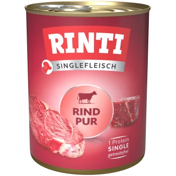 Dosen-Hundefutter, beschriftet mit "RINTI SINGLEFLEISCH RIND PUR," mit Bildern von rohen Rindfleischstücken, die auf ein einzelnes Protein und getreidefrei hinweisen.