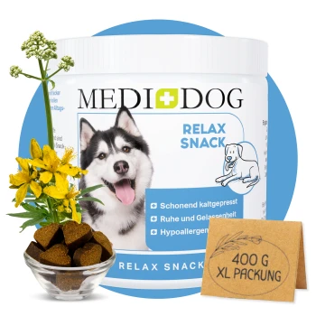 Relax Snack MediDog Relax Snack-Behälter mit einem Hundebild, umgeben von gelben Blumen und einer Schüssel mit braunen Snacks, beschriftet mit "400 G XL PACKUNG."