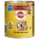 Pedigree-Dosenfutter für Hunde mit einem gelben Etikett, das "51% Fleisch" und "100% komplett" angibt, mit Bildern von Rind, Lamm und Huhn.