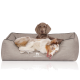 Zwei Hunde entspannen sich auf einem grauen KNUFFELWUFFF Hundebett; einer sieht verspielt aus, während der andere bequem ruht.