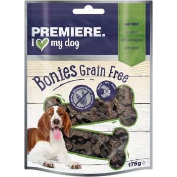 Bonies grain free 175g Wild Premiere I Love My Dog Bonies Getreidefreie Hundeleckerlis, mit einer weichen Textur und aus Wildfleisch hergestellt, in einer 175g Verpackung.