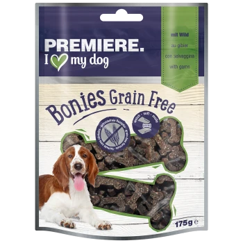 Premiere I Love My Dog Bonies Getreidefreie Hundeleckerlis, mit einer weichen Textur und aus Wildfleisch hergestellt, in einer 175g Verpackung.