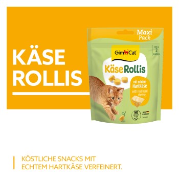 GimCat Käse Rollis Maxi Pack Katzensnack-Beutel mit orange-getigertem Kater, Aufschrift 'with real hard cheese' und großem 'KÄSE ROLLIS'.