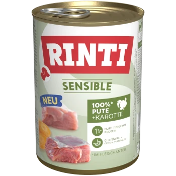 Dose Rinti Sensible Hundefutter mit Truthahn und Karotte, gekennzeichnet als glutenfrei und mit einzelner tierischer Proteinquelle.