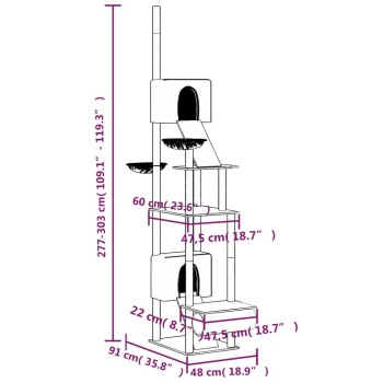 Katzenbaum mit mehreren Ebenen, Maße in cm und Zoll angegeben, ausgestattet mit einem gemütlichen Versteck, Plattformen und Schalen zum Spielen.