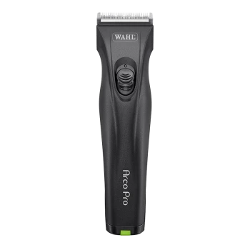 Schwarzer Wahl Arco Pro Haustierclipper mit strukturiertem Griff und einem Netzschalter, mit einer silbernen Klinge oben.