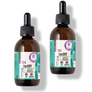 Zwei braune Glasflaschen von ZecOFF, einem Haustierpflegeprodukt, beschriftet mit "Spot-on mit Anti-Zecken-Wirkkomplex", was auf Zeckenprävention hinweist.