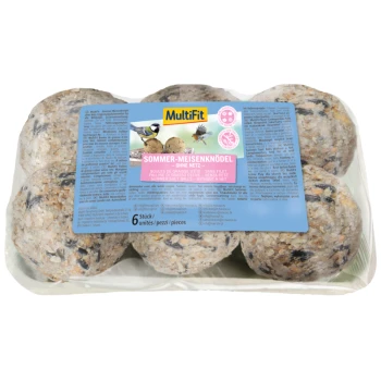Packung mit sechs MultiFit Sommer-Vogelfutterbällen, beschriftet mit "Sommer-Meisenknödel - ohne Netz," mit Bildern von Vögeln und Nährwertinformationen.